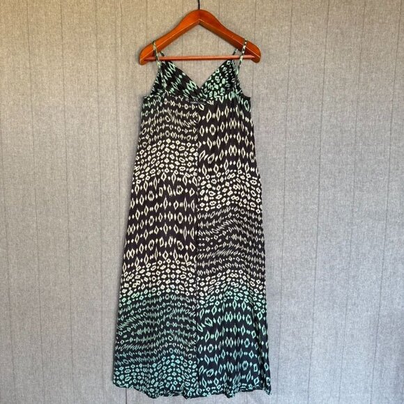Vintage Y2k Gypsy 05 100% Silk Black Green Tribal Print Maxi Sun Dress Size S - Picture 10 of 12